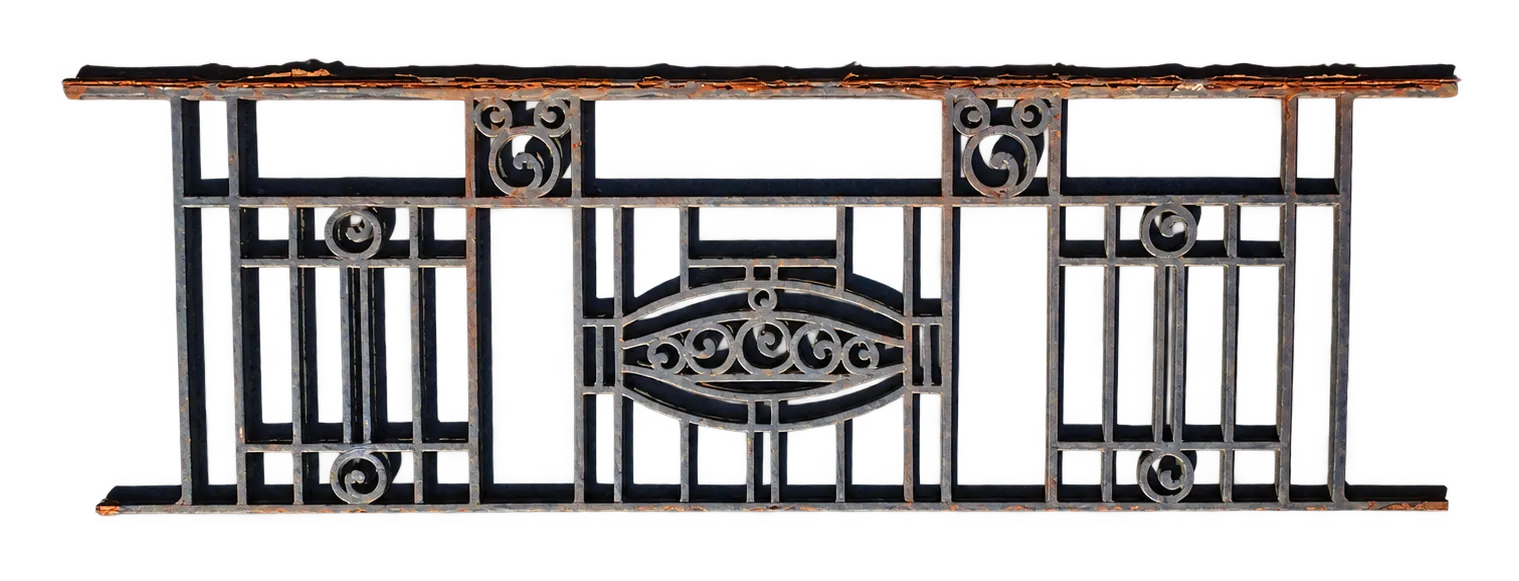 Garde-corps ancien en fonte Art déco de 120 × 40 cm, motif central à volutes