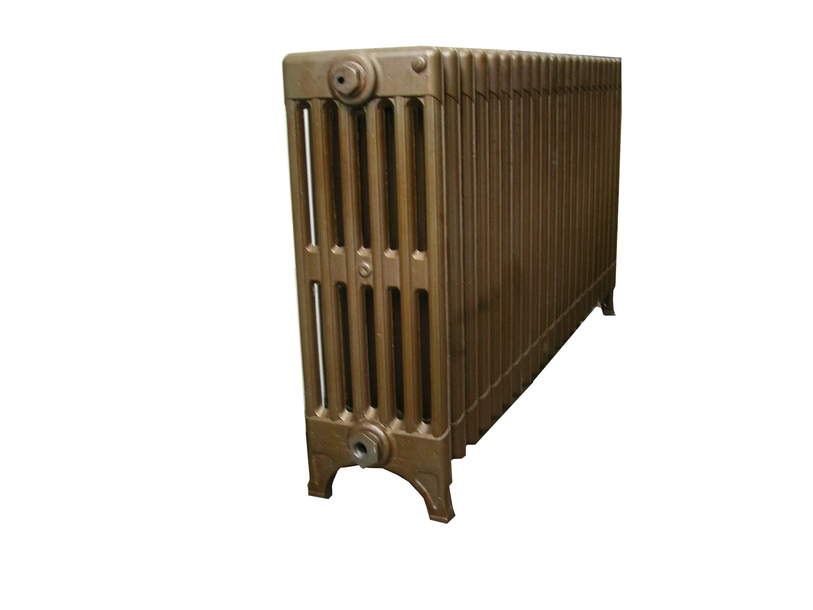 Radiateur Idéal Classic ancien en finition bronze, vu de trois quarts